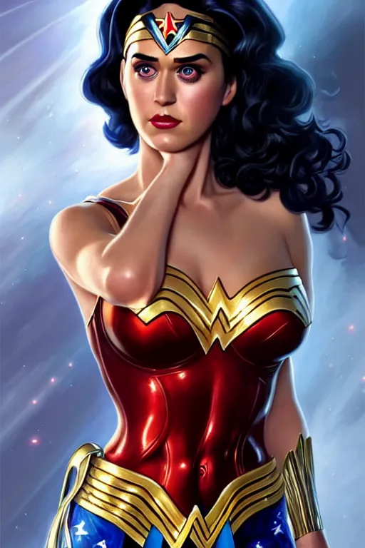 Prompt: katy perry as wonder woman, realistic portrait, symmetrical, highly detailed, digital painting, artstation, concept art, smooth, sharp focus, illustration, cinematic lighting, art by artgerm and greg rutkowski and alphonse mucha