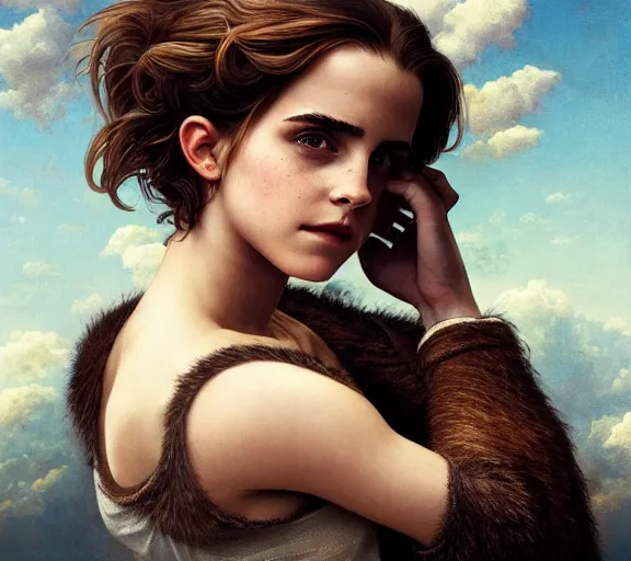 Image similar to photography emma watson with hands - up and hairy armpits, deep focus, intricate, elegant, highly detailed, digital painting, artstation, concept art, matte, sharp focus, illustration, art by artgerm and greg rutkowski and alphonse mucha and gil elvgren