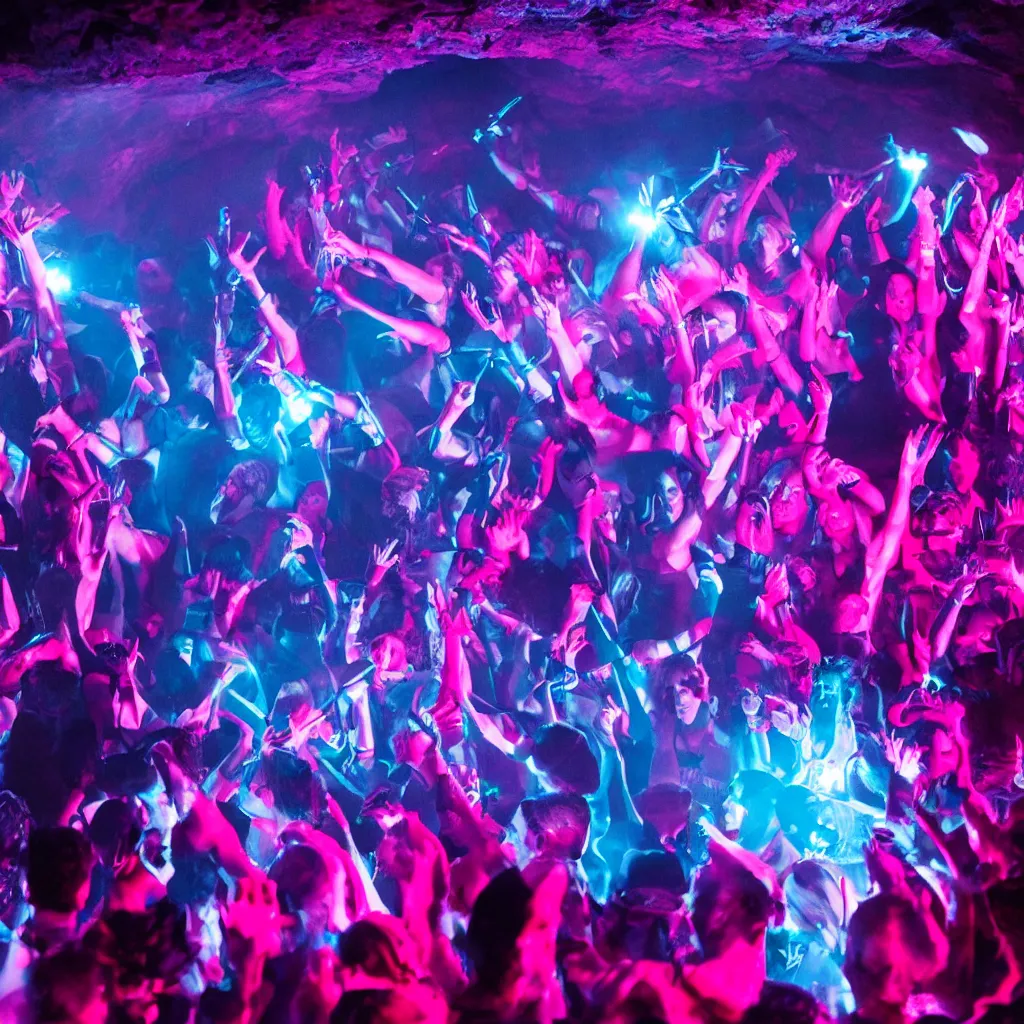 Prompt: cinematic shot of a goth nightclub rave in a cave, brutal weaponry made of pink lasers and blue crystals, 8k photograph