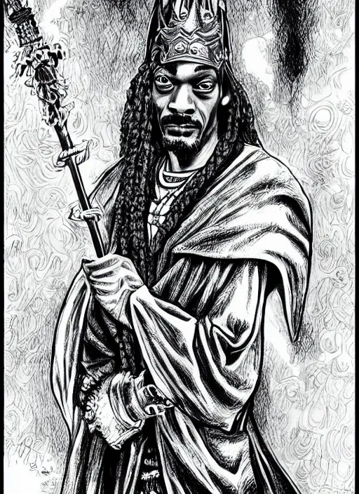 Image similar to Snoop Dogg as a knight, highly detailed, black and white, manga, art by Kentaro Miura