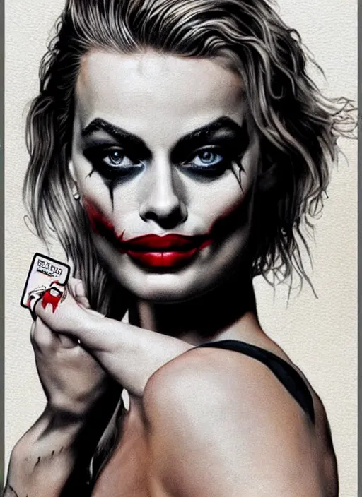 Prompt: tattoo design of beautiful margot robbie portrait with joker makeup, holding an ace card, in the style of den yakovlev, realistic face, black and white, realism tattoo, hyper realistic, highly detailed