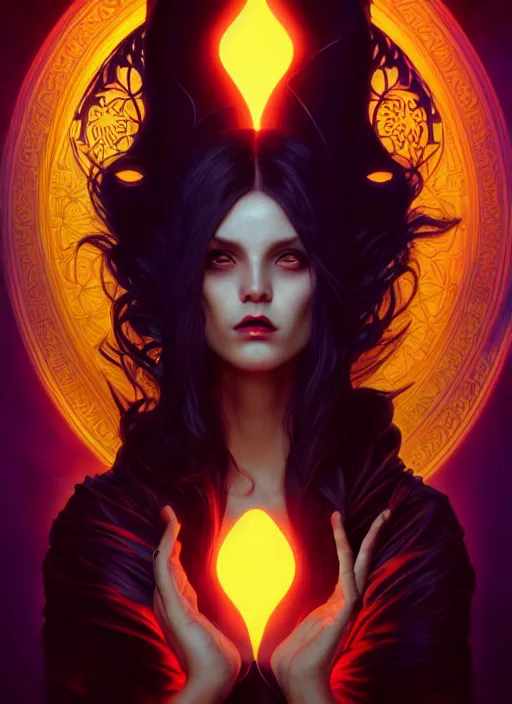 Image similar to book cover, front portrait, dark witch with black hood and evil eyes, realism, soft, smooth, luminescent, art nouveau tarot, backlit glow, colorful swirly ripples, gaudy colors, aesthetic octane render, unreal engine, 8 k, by artgerm, greg rutkowski, alphonse mucha