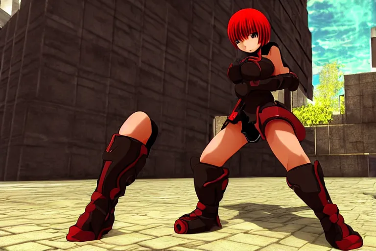 Prompt: an clothed anime girl in a screenshot of the video game doom, the anime girl is crouching
