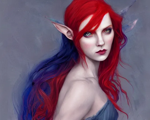 Image similar to A detailed matte oil on canvas head on symmetrical portrait of a distinguished elven woman with red and blue hair on an empty background, by Charlie bowater, Lise Deharme, Wlop, trending on artstationhd, dungeons and dragons art, parted hair , half blue, half red , split dye, critical role