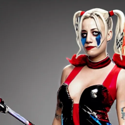 Image similar to A still of Kaley Cuoco as Harley Quinn