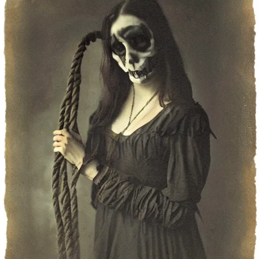 Image similar to dark schizophrenia portrait, death not dresses body woman in medieval dress, strangled with rope, blur effect face, victorian style, high detail