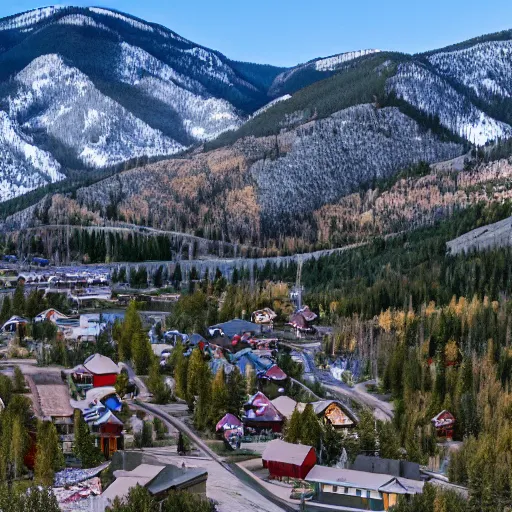 Prompt: the town of Aspen Creek, mountain valley mining town, 4k, scenic