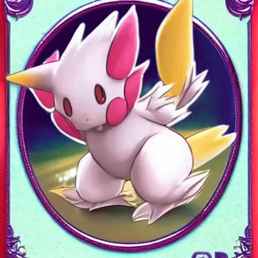 Image similar to a rare holographic pokemon card of a Moogle from Final Fantasy