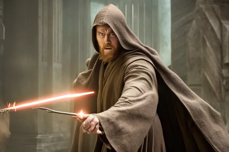 Image similar to film still, kenobi in a wizarding pointy hat waves a wand in the new harry potter movie,