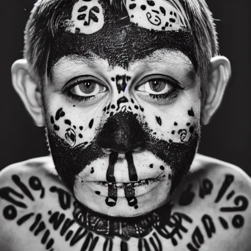 Image similar to symmetrical, close up face portrait of cannibal shoa labouf, covered in sesame street tattoos, studio lighting, depth of field, photography, black and white, highly detailed