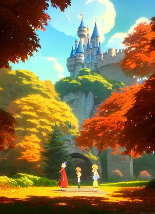 Prompt: a wholesome animation key shot, castle in the background, autumn foliage in the foreground, studio ghibli, pixar and disney animation, sharp, rendered in unreal engine 5, anime key art by greg rutkowski, bloom, dramatic lighting