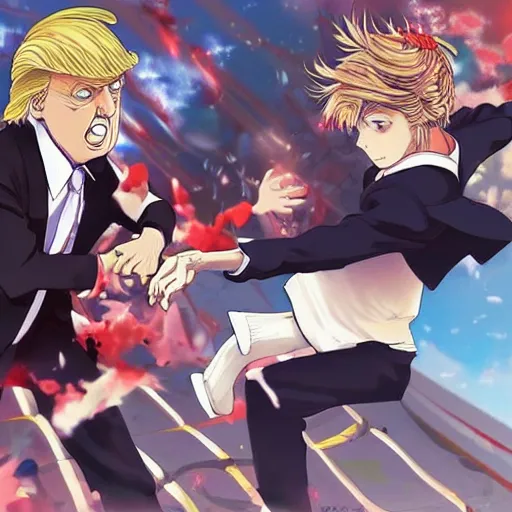 Image similar to “anime key visual of Donald trump fighting anime girls, pixiv”