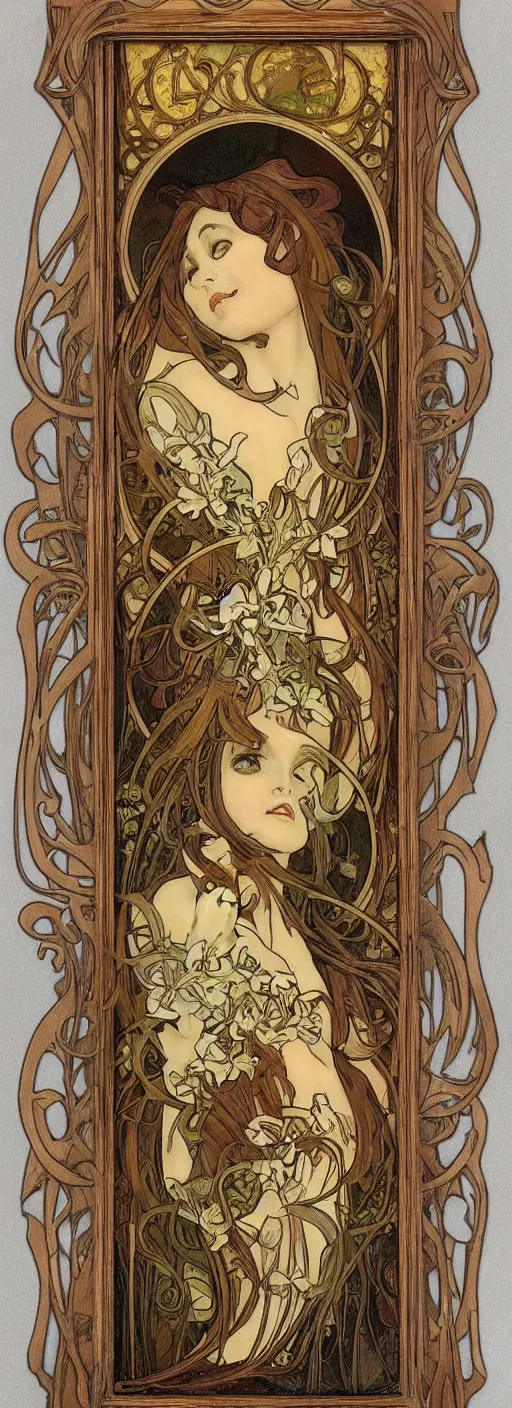 Image similar to an art nouveau wood screen picture frame by brian froud and alphonse mucha distressed wood patine painting concept cinematic lighting Gaudi