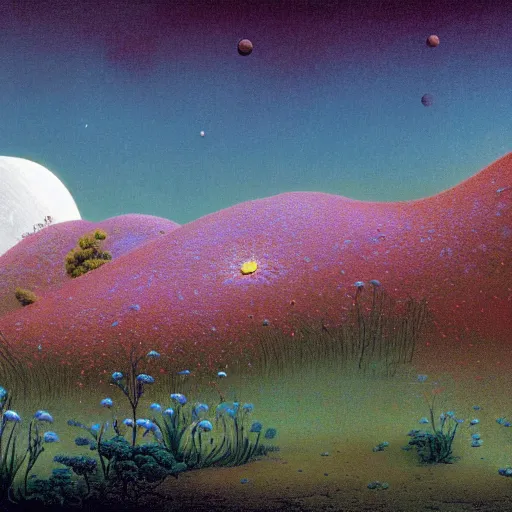 Image similar to a landscape on the moon with many craters, barren moon landscape, in a big crater at the center there is a beautiful flowering garden, 8 k, in the style of martin johnson heade and daniel merriam and roger dean,