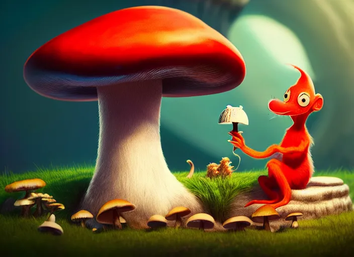 Image similar to a cute dr seuss creature sitting next to a mushroom, dof, artgerm lau, wlop, rossdraws, artstation, cgsociety, concept art, octane render, unreal engine, 4 k, 8 k