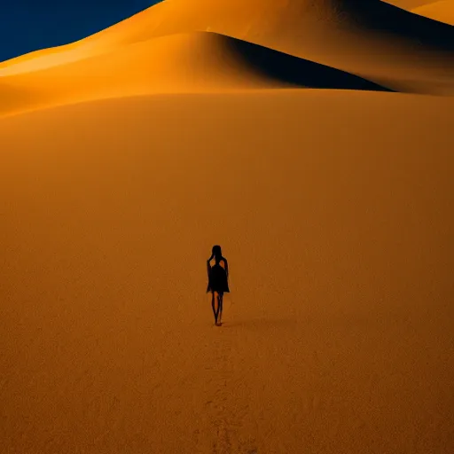 Prompt: a photo of a silhouette of a person in a color lit desert at night