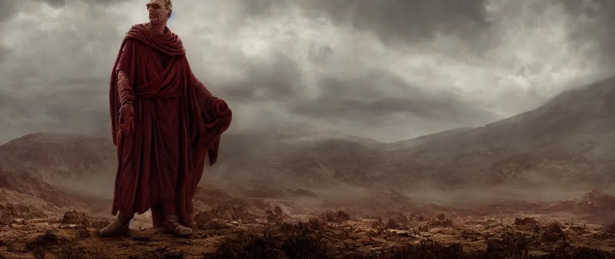 Image similar to the end is near. a tired and exhausted julius caesar somewhere in the atlas mountains. face is highly detailed. splices of red are running down his toga. mist. the soil is red. strong winds. dramatic sky. low angle wide shot. atmospheric. global illumination. octane render. imagined by jeremy lipking, greg rutkowski and eddie mendoza.