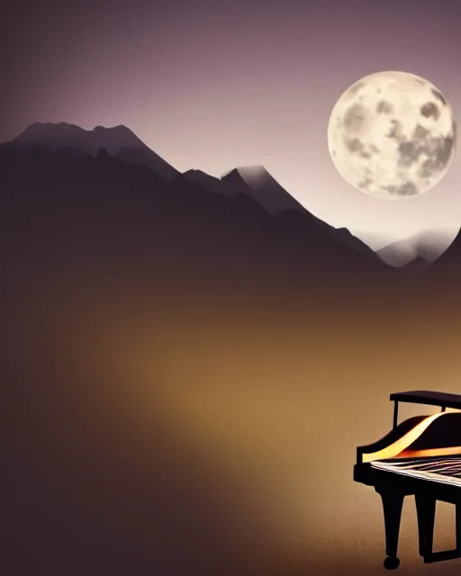 Image similar to handsome man playing a piano in the moonlight on a mountain, photorealistic, atmospheric 50mm lens