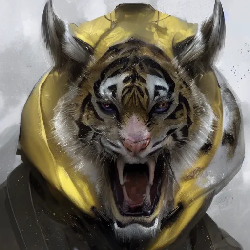 Prompt: a beautfiul award winning aesthetic commission of an antrho albino tiger wearing a yellow-black padded hooded puffer jacket,digital art,art by greg rutkowski,character design by charles bowater,ross tran,photorealistic,detailed face,hyperdetailed,western comic,2021,artstation,deviantart