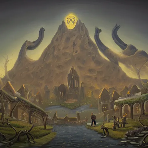 Image similar to a village built on the god of nyarlathotep, toad - like creatures that seemed to change their shape and appearance constantly, and from which emanated, in some way that i am unable to distinguish, a horrible hooting, a kind of flute. oil painting, digital art, ultradetailed, artstation