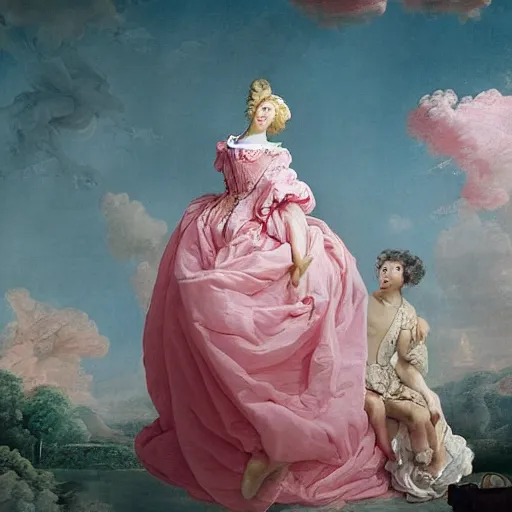 Image similar to heaven on pink clouds adopts the language of Rococo, reimagining the dynamism of works by eighteenth-century artists such as Giovanni Battista Tiepolo, François Boucher, Nicolas Lancret and Jean-Antoine Watteau through a filter of contemporary cultural references including film, food and consumerism