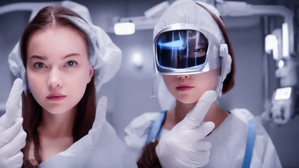 Prompt: big budget scifi movie set in futuristic world cute girl in surgery mask