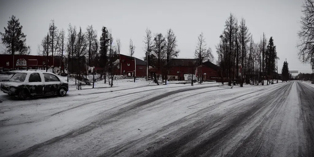 Image similar to depressing finnish rural town during winter, movie still, david lynch film, low - key light, wide shot