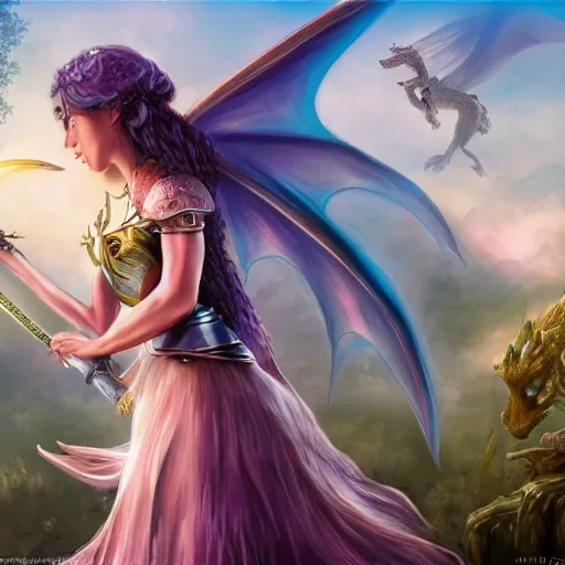 Prompt: a fairy princess with a sword. Behind her stands a ferocious dragon, ultradetailed, wallpaper, 4k, prismatic, cinematic, epic