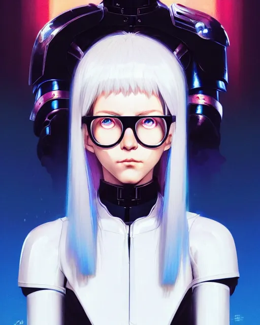 Prompt: white haired cyborg girl wearing large glasses and paladin armor | | audrey plaza, fine detail!! anime!! realistic shaded lighting!! poster by ilya kuvshinov katsuhiro otomo ghost - in - the - shell, magali villeneuve, artgerm, jeremy lipkin and michael garmash and rob rey