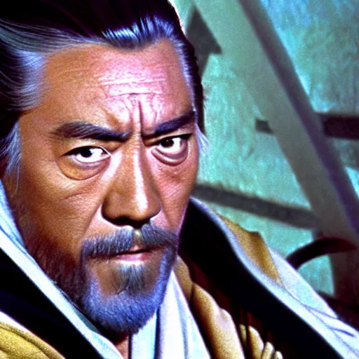 Prompt: technicolor still of toshiro mifune as obi wan kenobi in star wars : a new hope