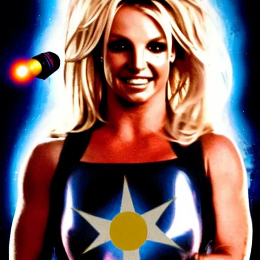 Prompt: of a poster photo of britney spears as a hero sci fi space cosmonaut holding a vintage raygun in a nice action pose, there is an explosion on the background shaking britney's hair, she is smiling, opps i did it again, f 2. 8, advertising lighting, new blockbuster,