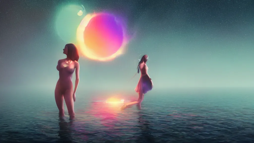 Image similar to a beautiful whimsical woman standing in a lake basking in the moonlight, underneath a multi-colored binary blackhole with an accretion disc, long exposure, by Lois van Baarle, by Greg Rutkowski, by artgerm, by beeple, cinematic angle, volumetric lighting, 4k resolution, octane render, trending on artstation, masterpiece