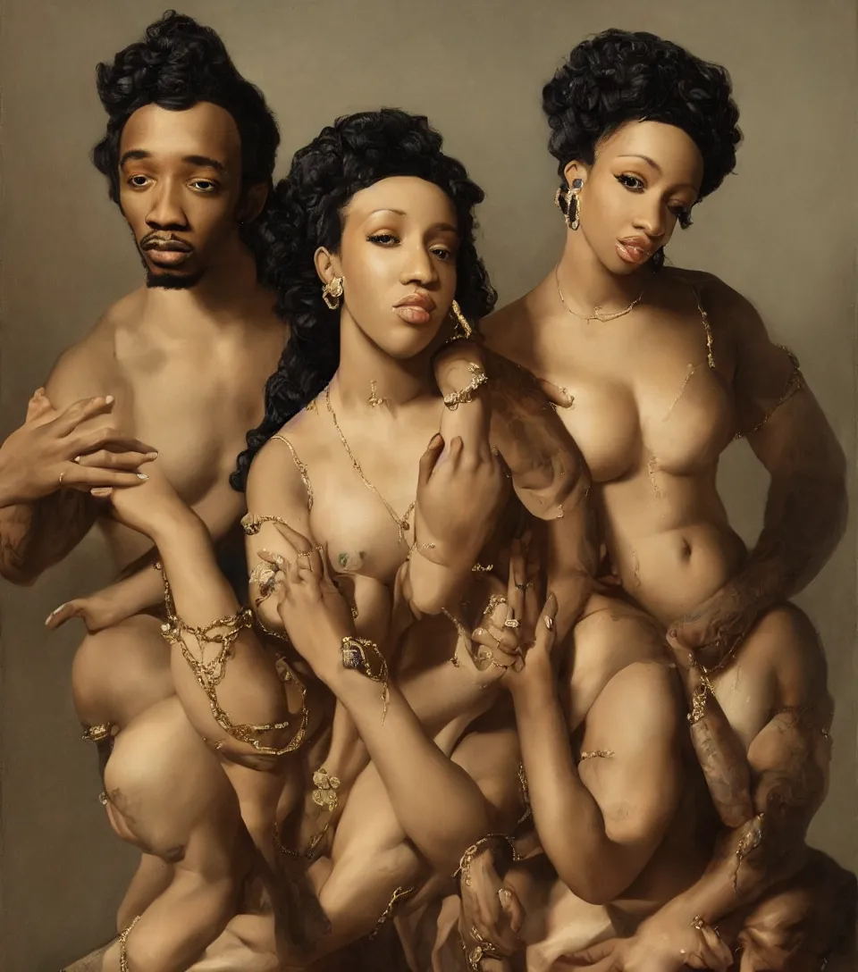 Image similar to portrait of cardi b and offset in the style of roberto ferri