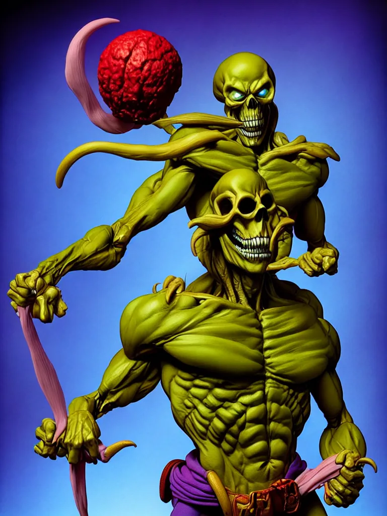 Image similar to hyperrealistic rendering, skeletor by art of skinner and richard corben and jeff easley, product photography, action figure, sofubi, studio lighting, colored gels