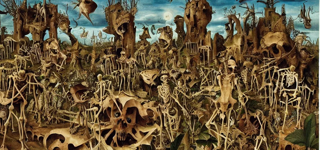 Prompt: Skeletons walking through the garden of earthly delights with plants and dinosaurs in the background, broken columns and bones scattered on the ground, hyper-surrealism, highly detailed and intricate matte painting by Max Ernst, Hieronymus Bosch and Giuseppe Arcimboldo