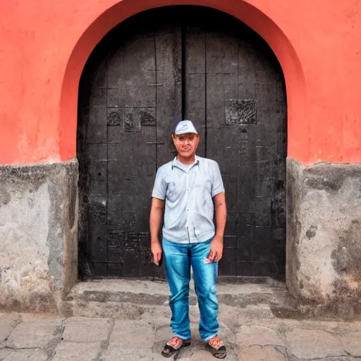 Prompt: a picture of a man standing in front of an arch in antigua guatemala at night