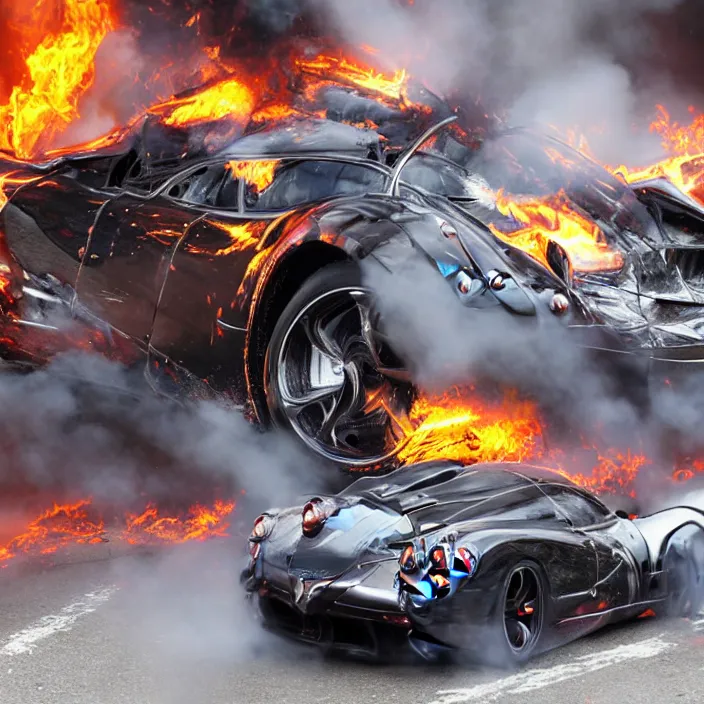 Image similar to close - up of a chrome pagani huayra on fire after a big crash, 8 k, highly detailed, realistic