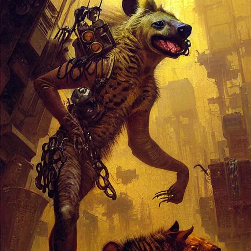 Image similar to portrait of a hyena gnoll doctor scientist. shadowrun furaffiniy cyberpunk fantasy highly detailed painting by gaston bussiere craig mullins jc leyendecker gustav klimt artgerm greg rutkowski john berkey, bergey, craig mullins, ruan jia, raymond swanland, jeremy mann, tom lovell, alex malveda