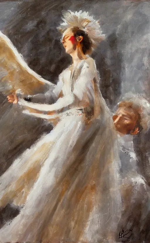 Prompt: painting artemov leonid, an opera singer in a white dress with wings on stage