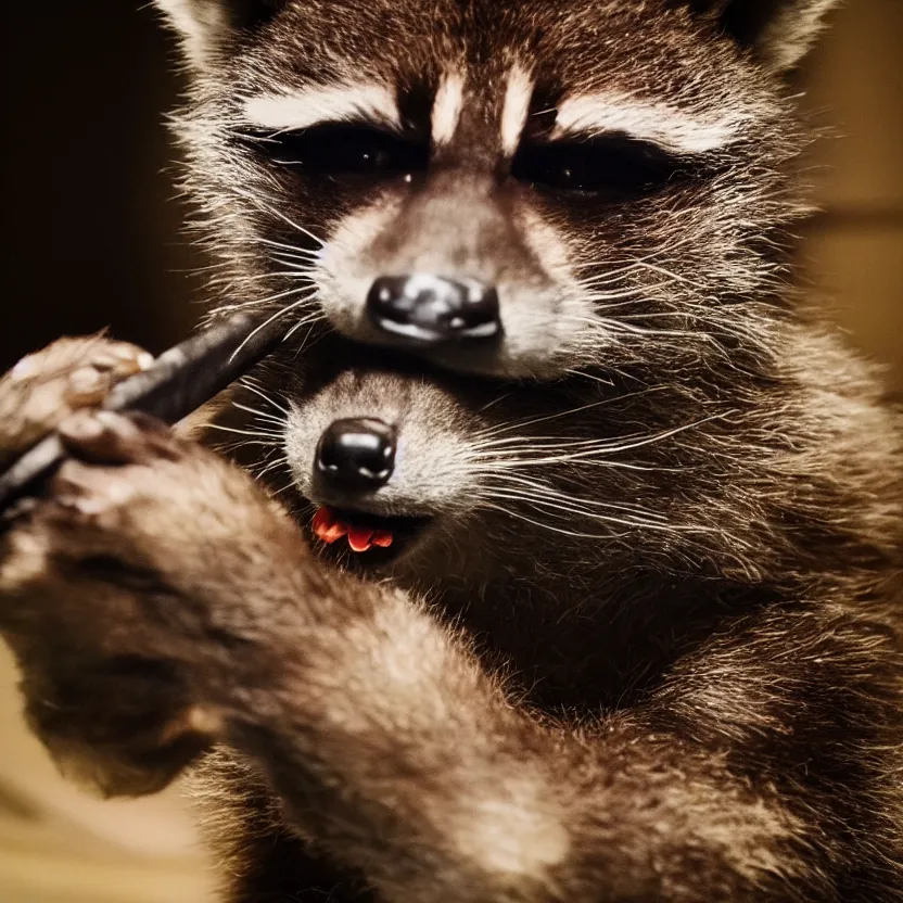 Image similar to close up photo of rocket raccoon solemnly smoking a cigar in a dark room, soft focus, shallow depth of field, smooth dreamy autochrome, dim lighting, somber solitary melancholy, silent contemplative atmosphere, 8k masterpiece