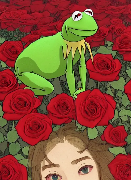 Prompt: kermit posing on a bed colorful red roses, path traced, highly detailed, high quality, digital painting, by studio ghibli and alphonse mucha, leesha hannigan, makoto shinkai, disney