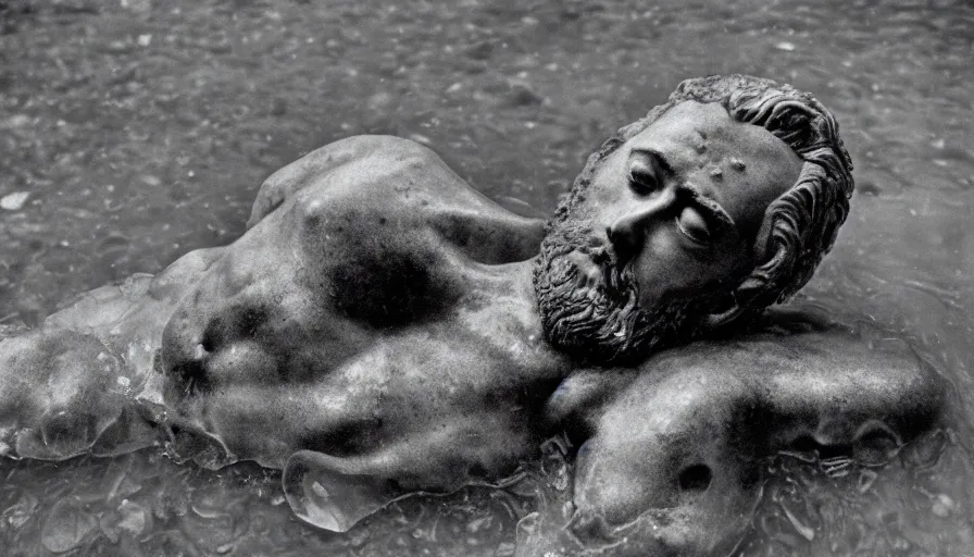 Prompt: 1 9 6 0 s movie still close up of marcus aurelius frozen to death in a river with gravel and pebbles, pine forests, cinestill 8 0 0 t 3 5 mm b & w, high quality, heavy grain, high detail, texture, dramatic light, anamorphic, hyperrealistic, foggy