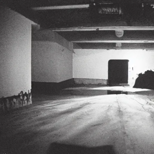 Prompt: 35mm photograph of basement, liminal space, strange vibes, Fever Ray video by Stephen Gammell