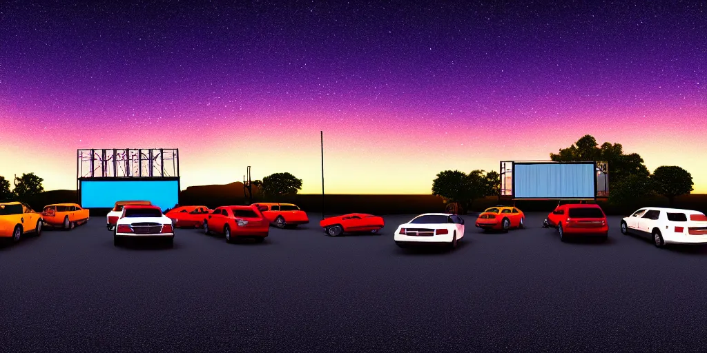 Prompt: a drive in movie theater with row of parked cars, detailed, volumetric lighting, starry night, dusk