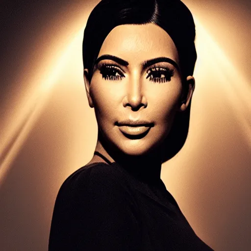 Image similar to kim kardashian faces eternal wisdom through rays of thought, cinematic lighting, dramatic, low contrast