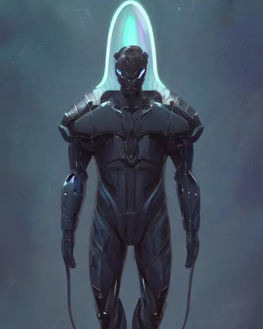 Image similar to opalescent wiry muscular male smooth sleek glossy black pearlescent scifi armor, by greg rutkowski and mark brookes and jim burns and tom bagshaw and magali villeneuve, trending on artstation