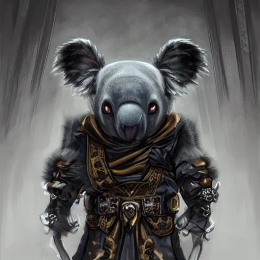 Image similar to an elegant demon koala dressed in a smart black shinobi outfit with mask is offering you a contract to sign, digital art by łukasz piskorz and patrick mcenvoy and michael komarck, intricate, highly detailed, artstation, concept art, smooth, sharp focus