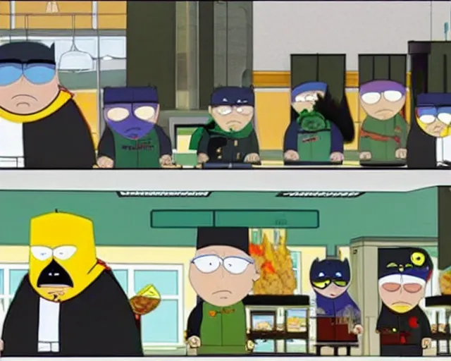 Image similar to batman working at the cafeteria, serving lunch to stan, kyle, cartman and kenny, on an episode of south park, cdx