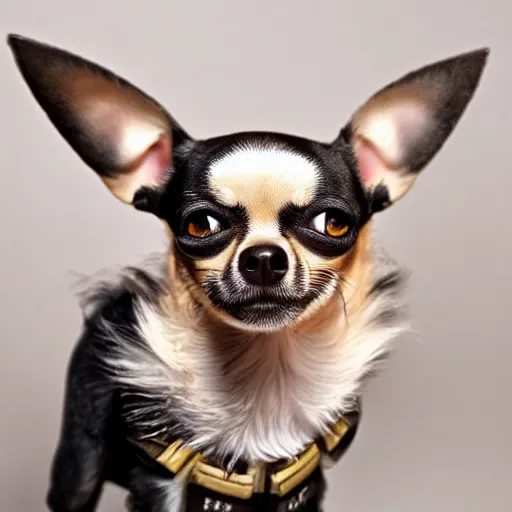 Prompt: a realistic photo of a chihuahua dressed like judge dredd