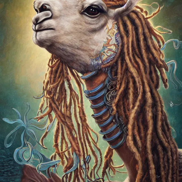 Image similar to llama with dreadlocks, art deco design, by Mandy Jurgens, Ernst Haeckel, James Jean